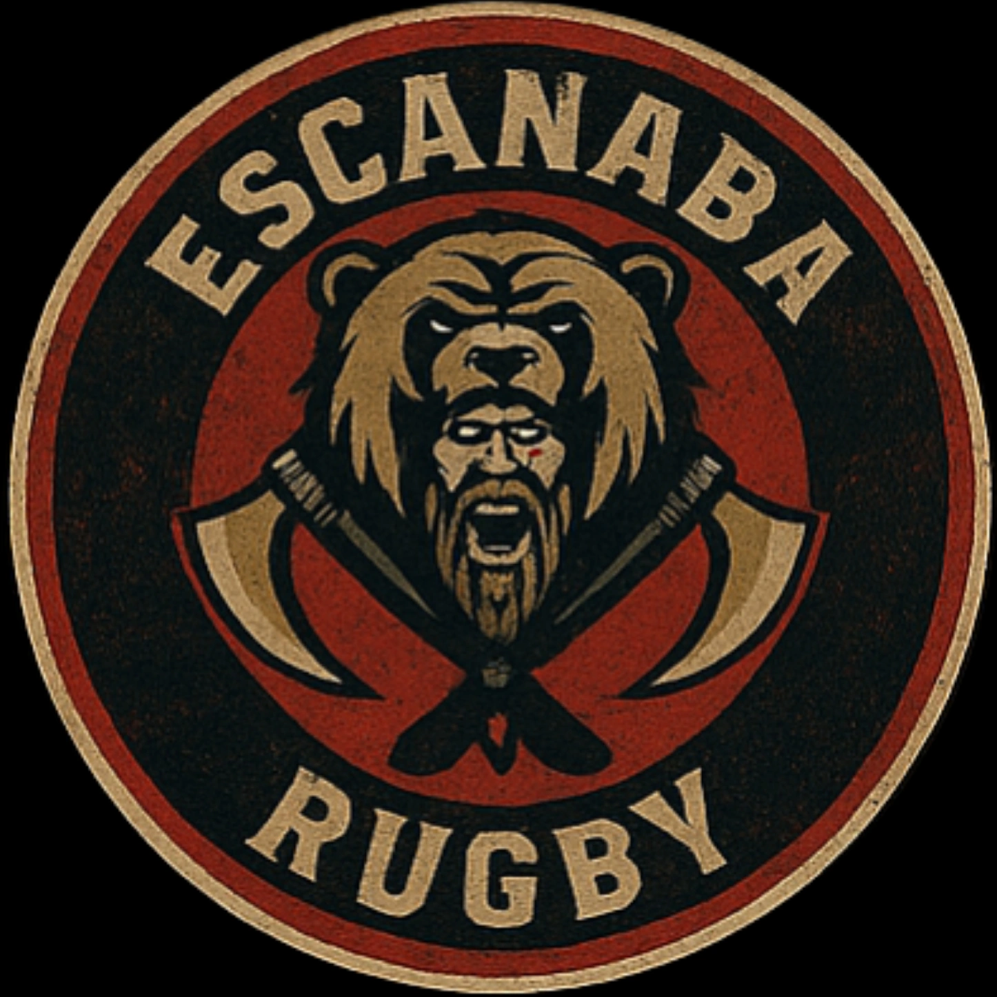 Escanaba Berserkers Rugby Football Club official crest — bear-headdress warrior with crossed axes on a deep red and black roundel, antique gold trim, 'Escanaba Rugby' set around the border.